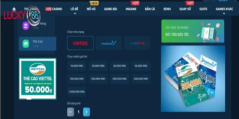 Nạp tiền LUCKY88 qua thẻ cào